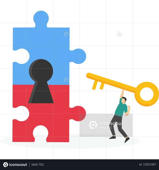 Businessman holding golden key to unlock the jigsaw puzzle  Illustration