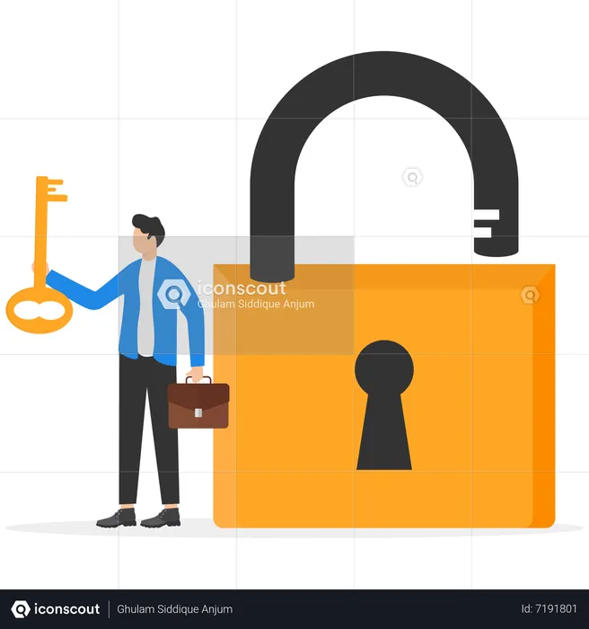 Businessman holding golden key to unlock the pad  Illustration