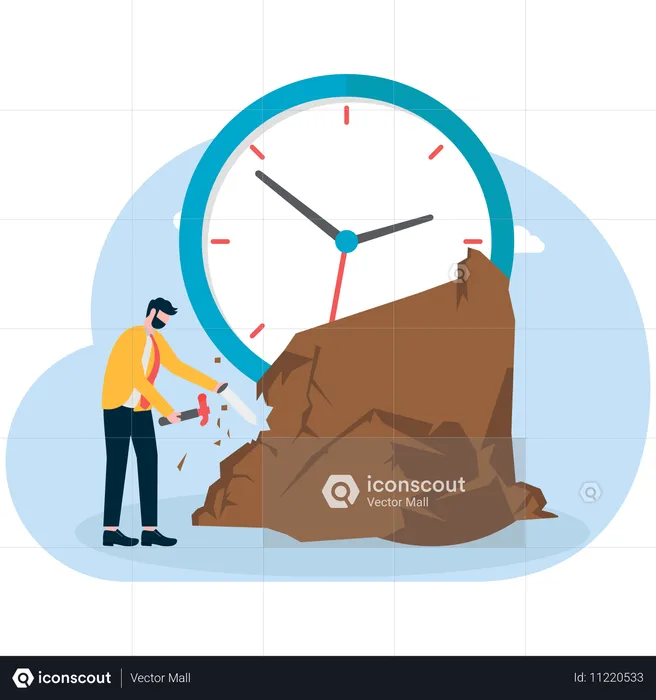 Businessman holding hammer and chisel carving upward clock  Illustration