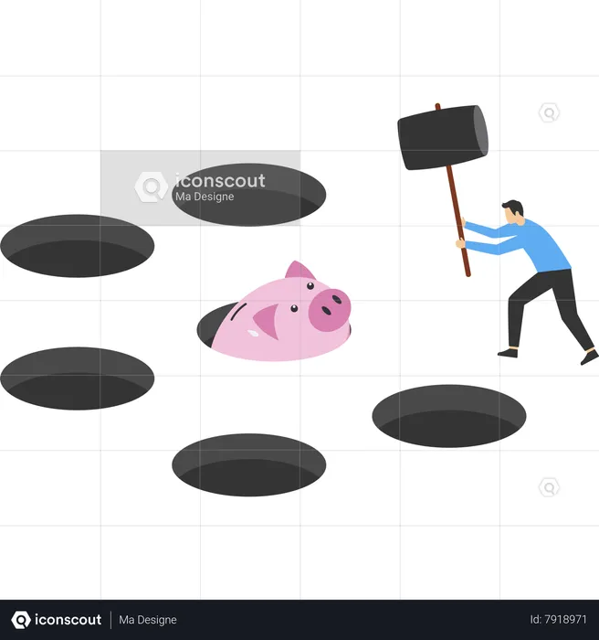 Businessman holding hammer run to hit a piggy bank  Illustration