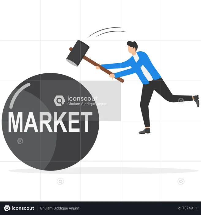 Businessman holding hammer to hit trying to beat word Market  Illustration