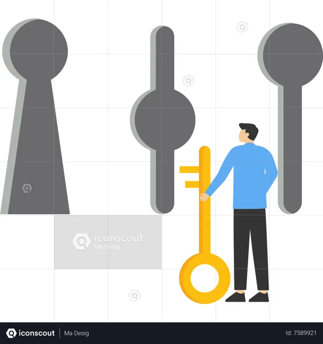 Businessman holding key in hand and deciding to choose keyhole  Illustration
