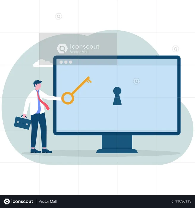 컴퓨터 잠금 해제 키를 들고 있는 사업가  일러스트레이션