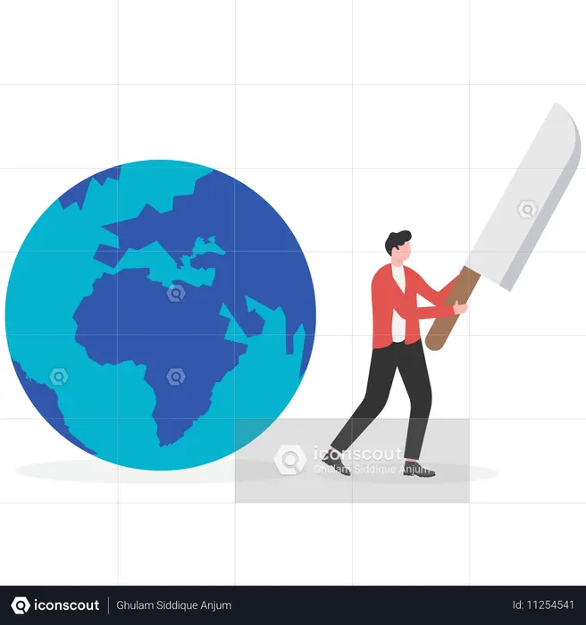 Businessman holding knife while destruction of environment  Illustration