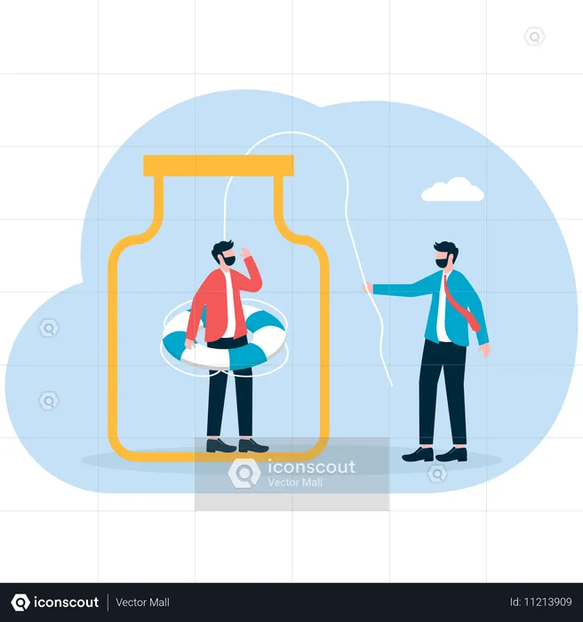 Businessman holding lifebuoy into glass bottle to help businessman climb out of bottle  Illustration