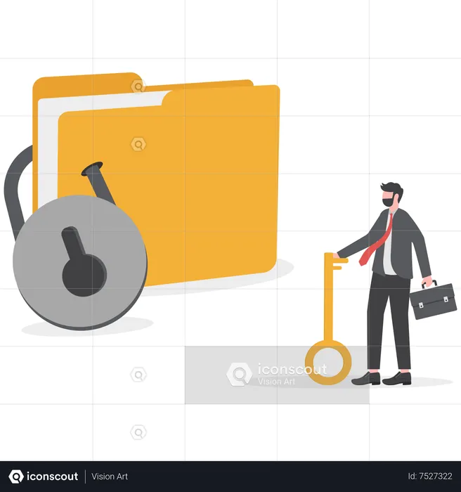 Businessman holding lock looking at locked folder  Illustration