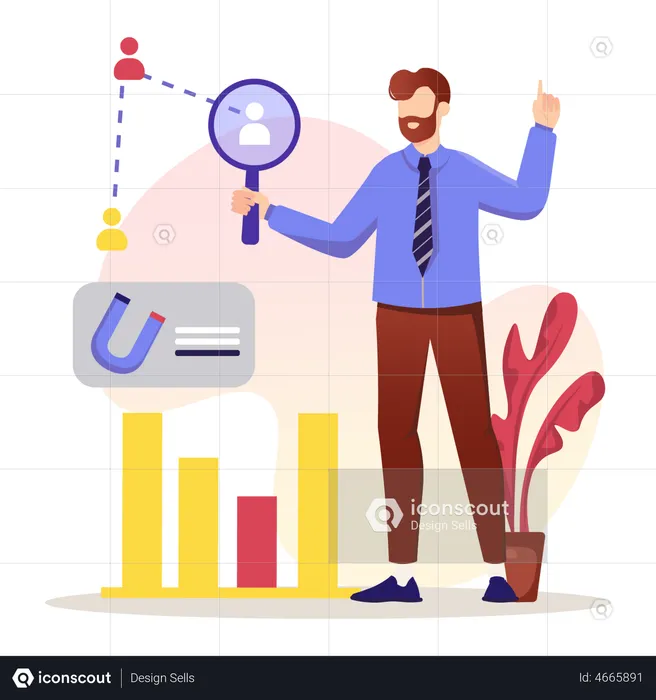 Businessman holding magnifier glass and analysis data  Illustration