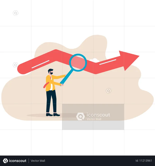 Businessman holding magnifying glass and observing at bottom of arrow  Illustration