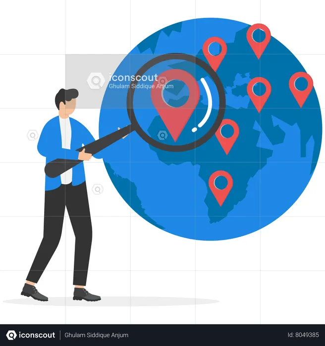 Businessman holding magnifying glass finding map pin over world map  Illustration