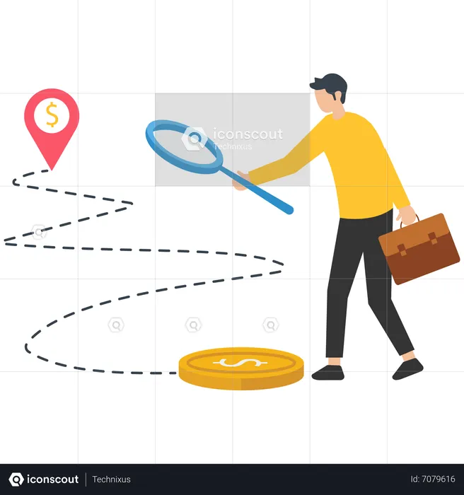 Businessman holding magnifying glass to search and track trace money  Illustration