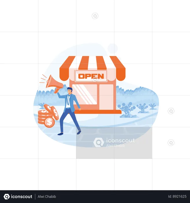 Businessman holding megaphone and announcing about new shop  Illustration