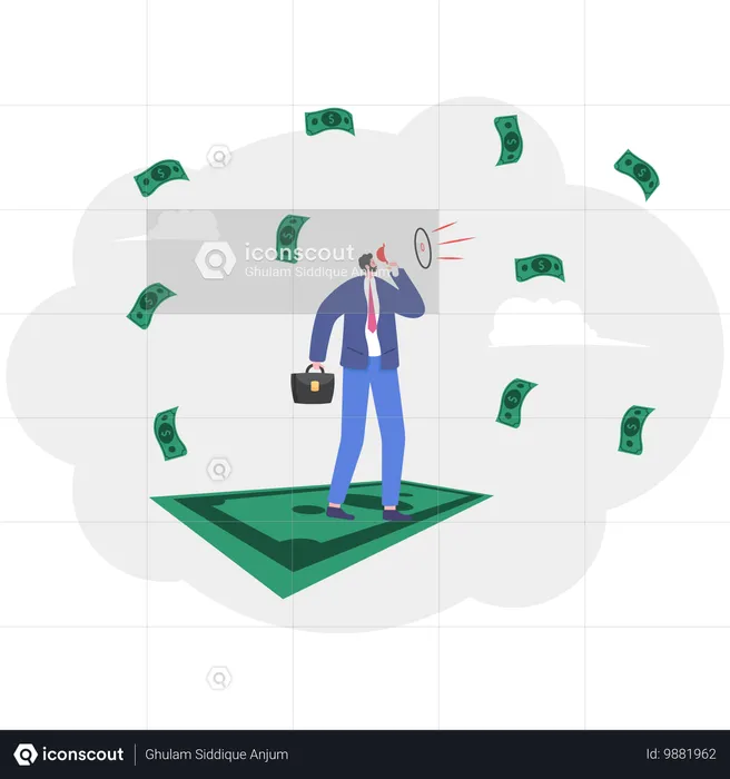 Businessman holding megaphone and standing with banknote  Illustration