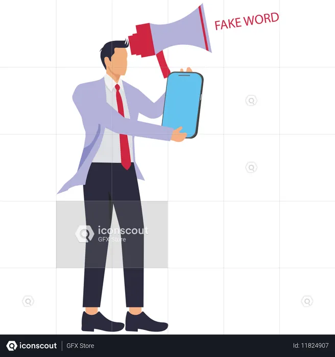확성기와 가짜라는 단어 옆에 휴대폰을 든 사업가  일러스트레이션