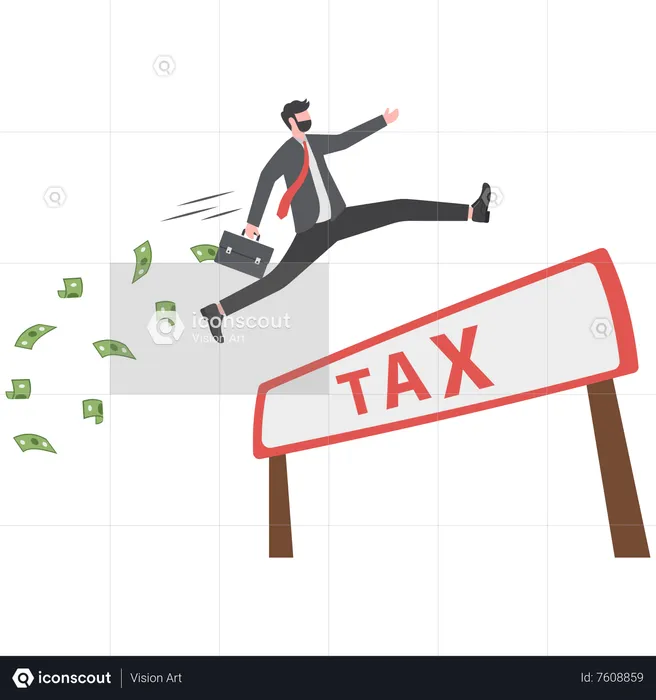 Businessman holding money briefcase pole vault jump over the word TAX  Illustration