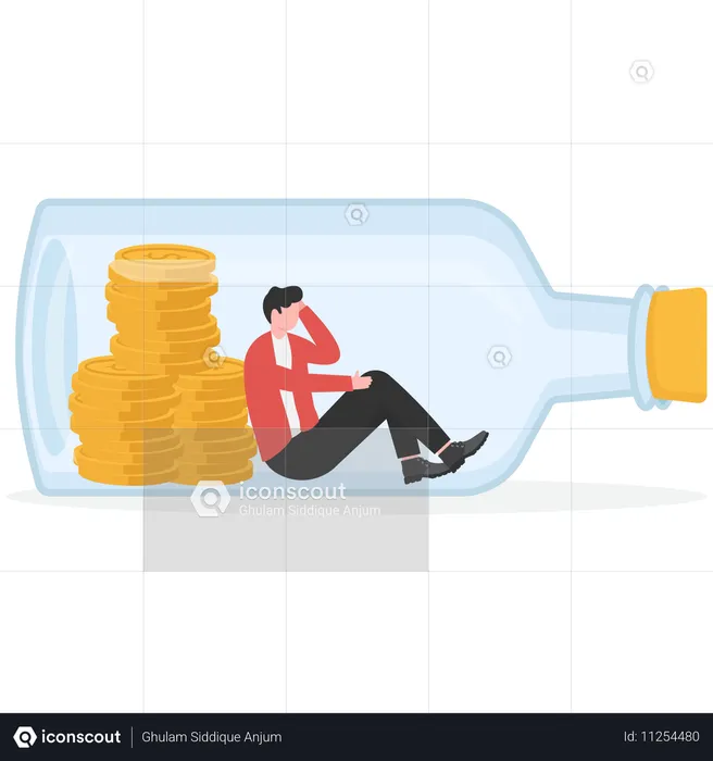 Businessman holding money trapped in ocean  Illustration