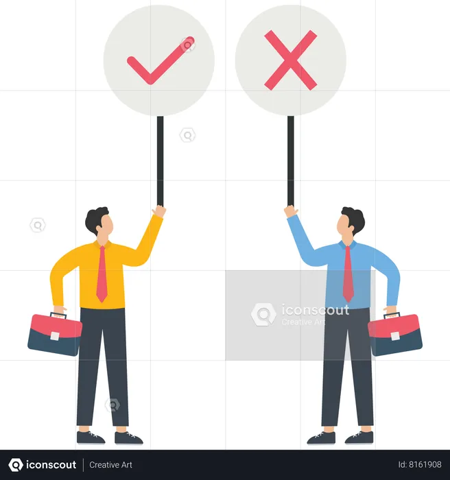 Businessman holding right and wrong placard  Illustration