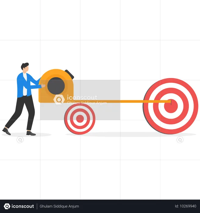 작은 표적에서 큰 표적까지의 거리를 측정하기 위해 자를 들고 있는 사업가  일러스트레이션