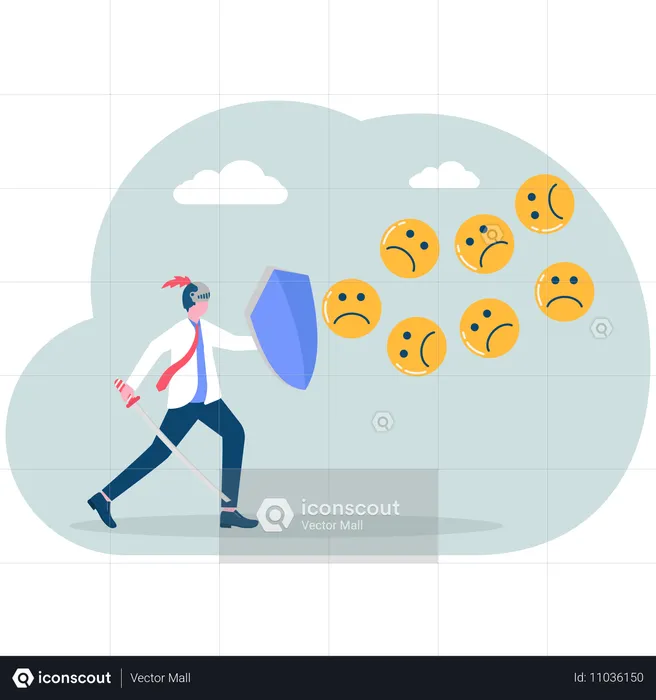 Businessman holding shield against attack of negative thoughts  Illustration