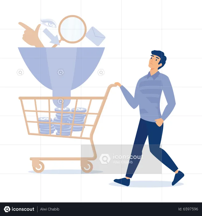 Businessman holding shopping cart with money coin from sales funnel  Illustration