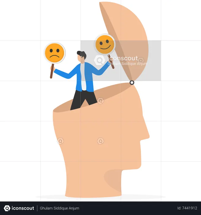 Businessman holding smile and sad face sign  Illustration