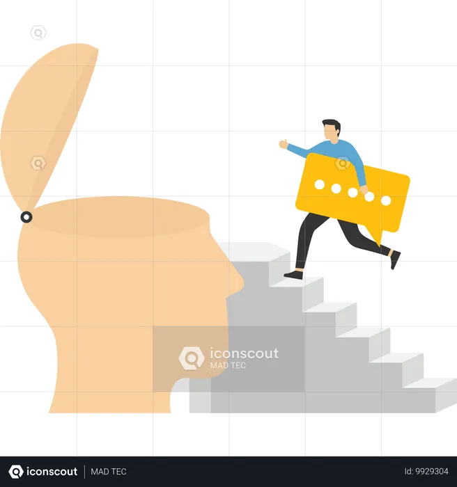 Businessman holding speech bubble climbs ladder onto big head  Illustration