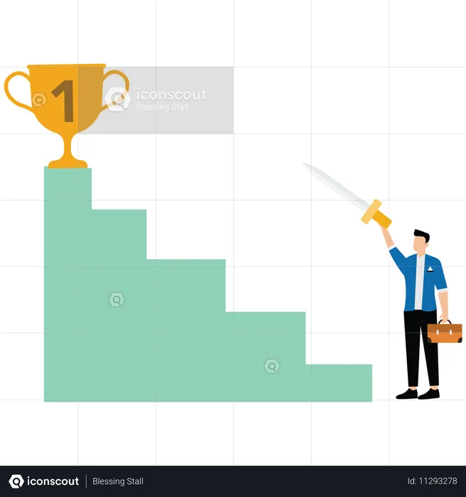 계단 위에서 칼을 들고 챔피언 트로피를 가리키는 사업가  일러스트레이션