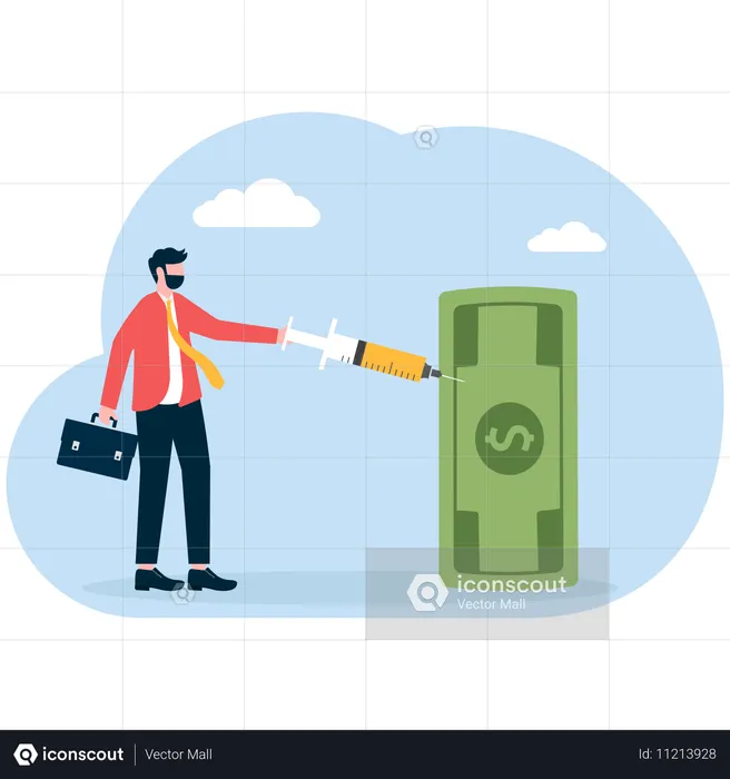 Businessman holding syringe to inject medication into dollars  Illustration