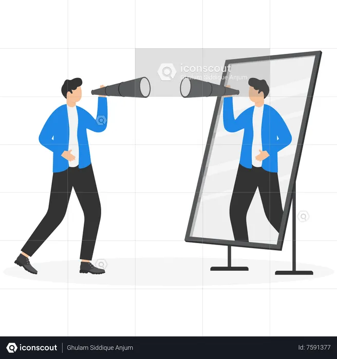 Businessman holding telescope and reflecting in mirror  Illustration