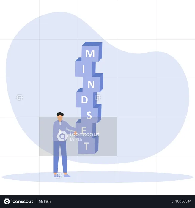 쌓인 블록 형태로 MINDSET이라는 단어를 들고 있는 사업가  일러스트레이션