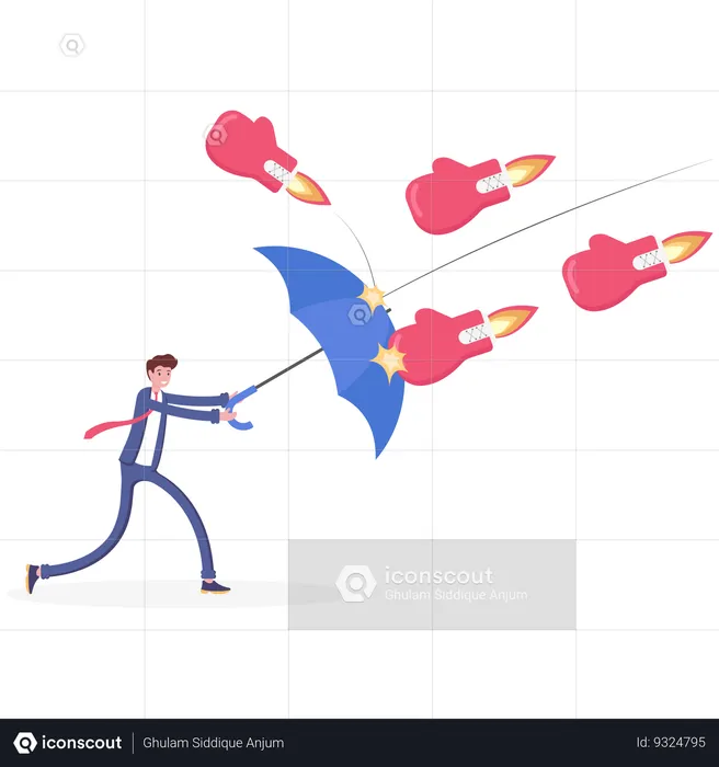 Businessman holding umbrella protects from boxing gloves  Illustration