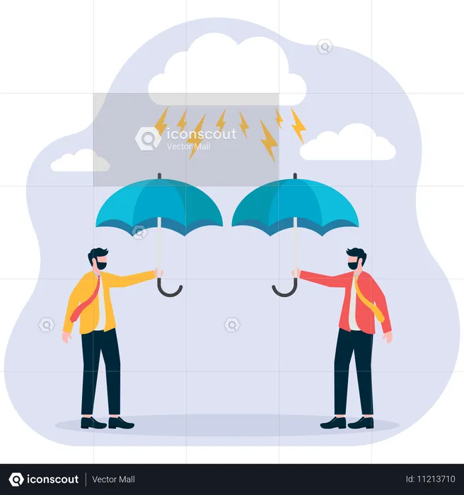 Businessman holding umbrella to resist thunderstorm weather  Illustration