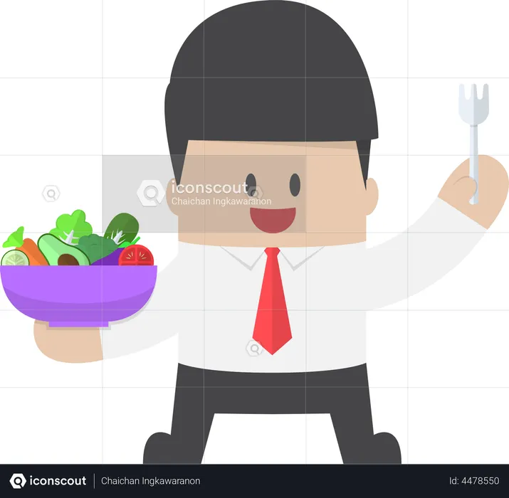 Businessman holding vegetables salad bowl and fork on hand  Illustration