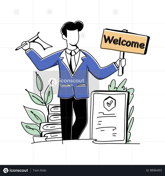 Businessman Holding Welcome Board And Flag  Illustration