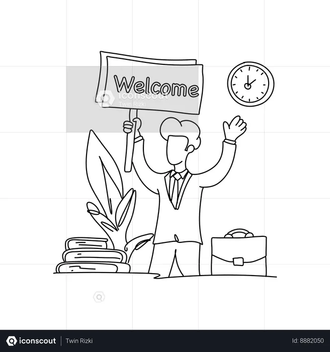 Businessman holding welcome board while welcoming team  Illustration