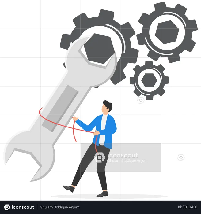 Businessman holding wrench to adjust gear cogwheels setting  Illustration