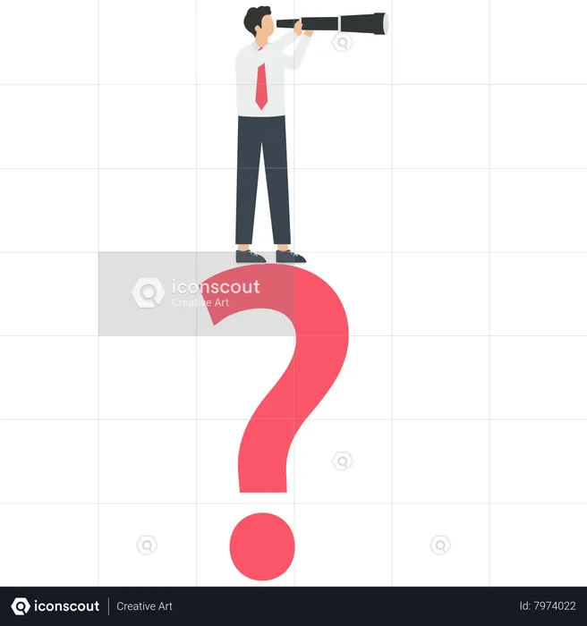 Businessman holds a telescope stand on a big question mark symbol  Illustration