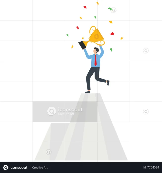 Businessman holds a trophy stand on a top of a mountain  Illustration