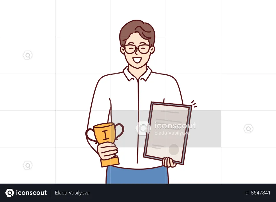 Businessman holds certificate and cup winner of competition among sellers who exceeded sales plan  Illustration