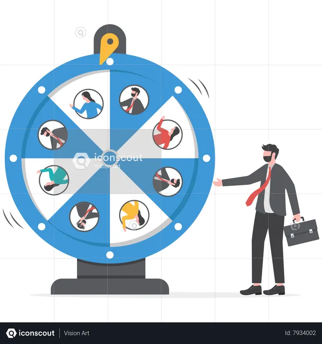 Businessman HR staff picking candidate by lucky draw wheel  Illustration