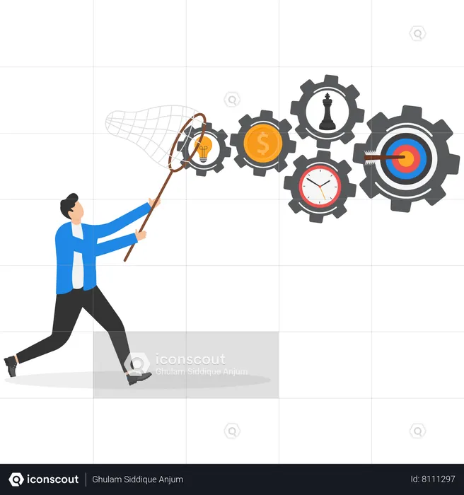 Businessman hurry chasing to catch flying gears  Illustration