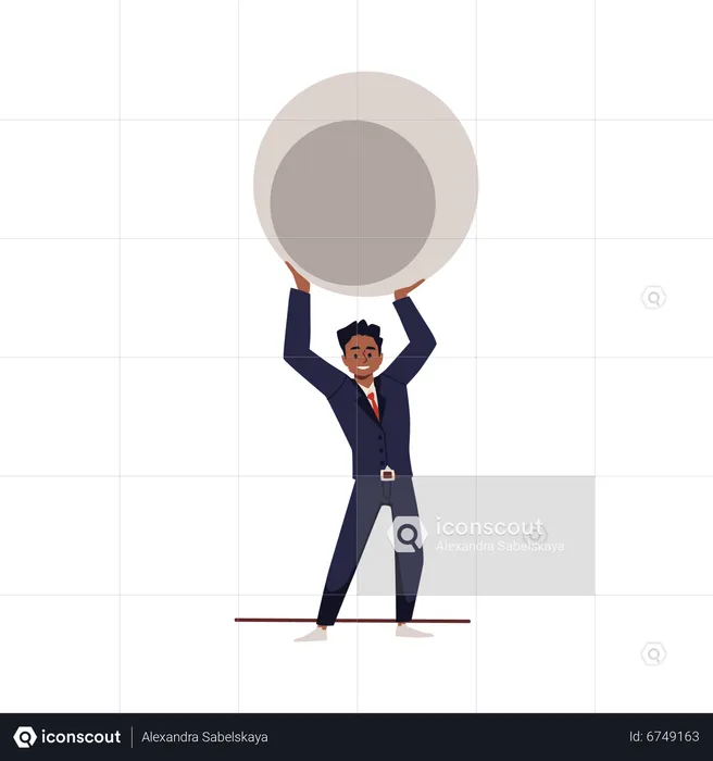 Businessman in business suit holds huge stone over his head  Illustration