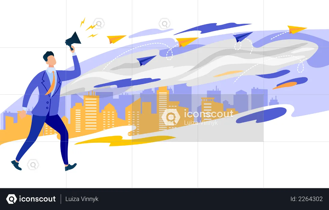 Businessman in Formal Suit Shouting in Loudspeaker  Illustration