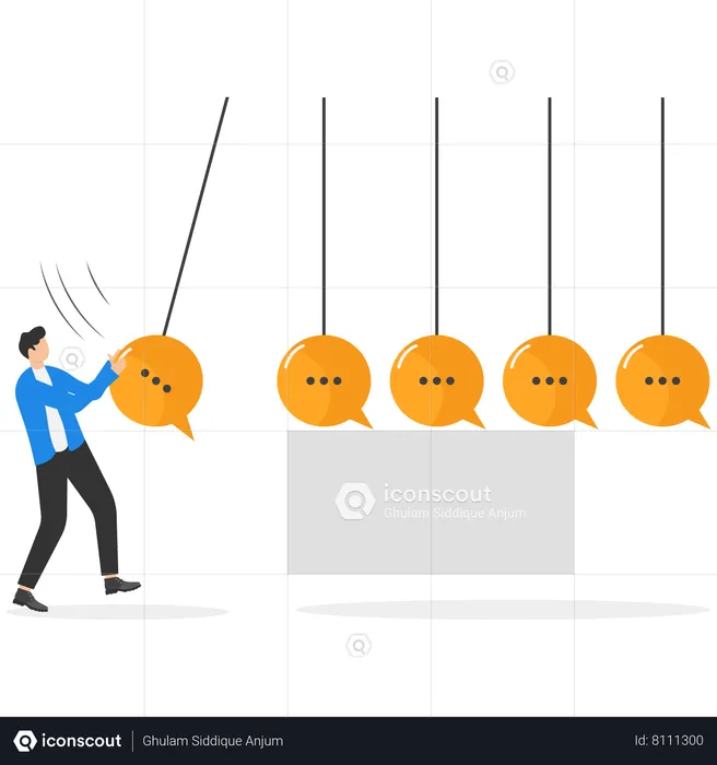 Businessman in front of Newtons cradle with a chat bubble  Illustration