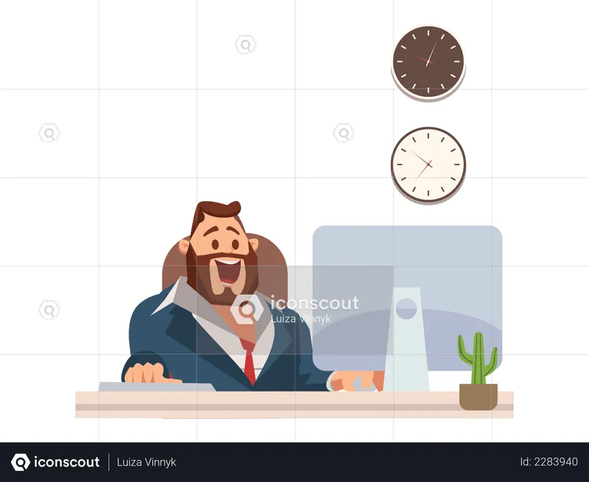 Businessman in Suit Work at Office Desk by Laptop  Illustration