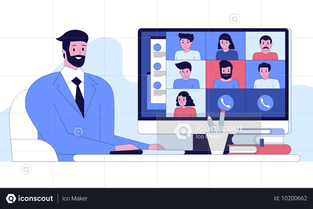 Businessman in video conference while working from remote location  Illustration