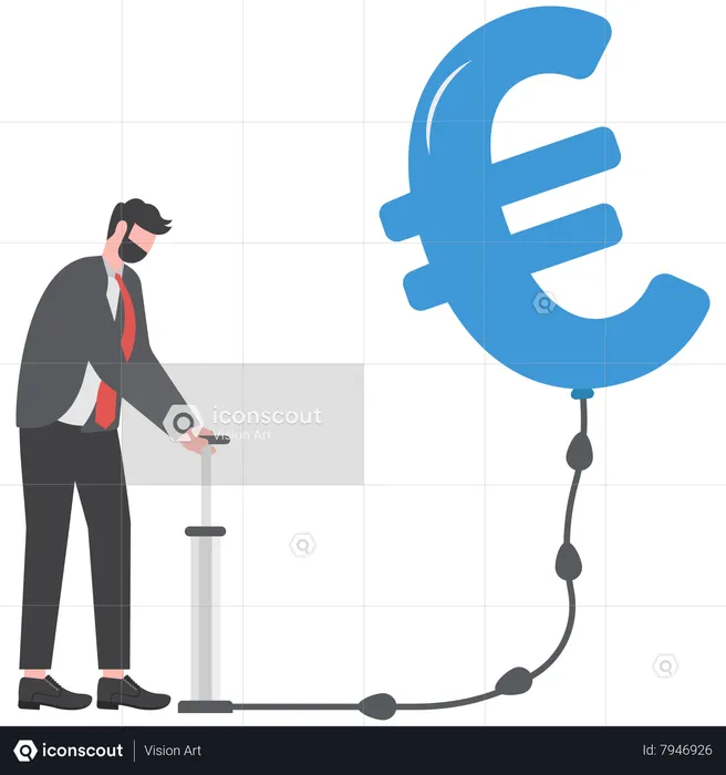 Businessman inflate air pump into floating Euro money coin  Illustration