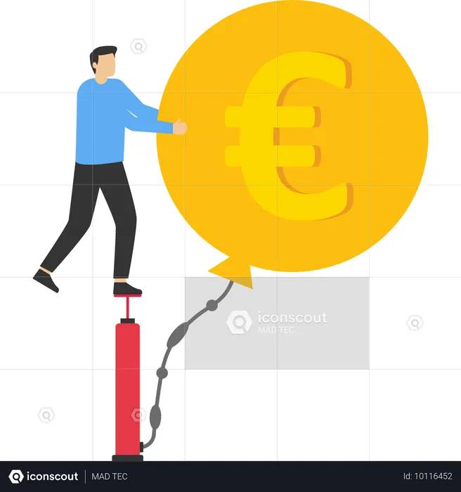 Businessman inflate air pump into floating Euro money coin  Illustration