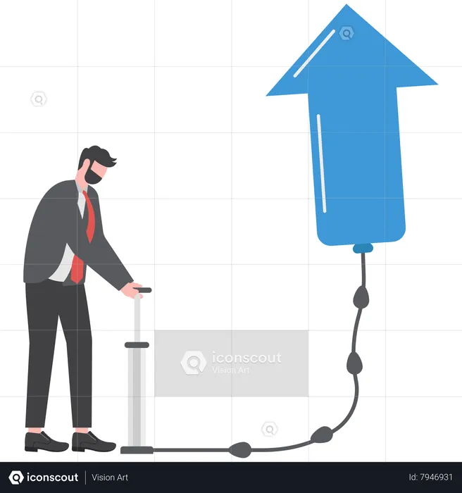 Businessman inflate air pump into floating green arrow up  Illustration
