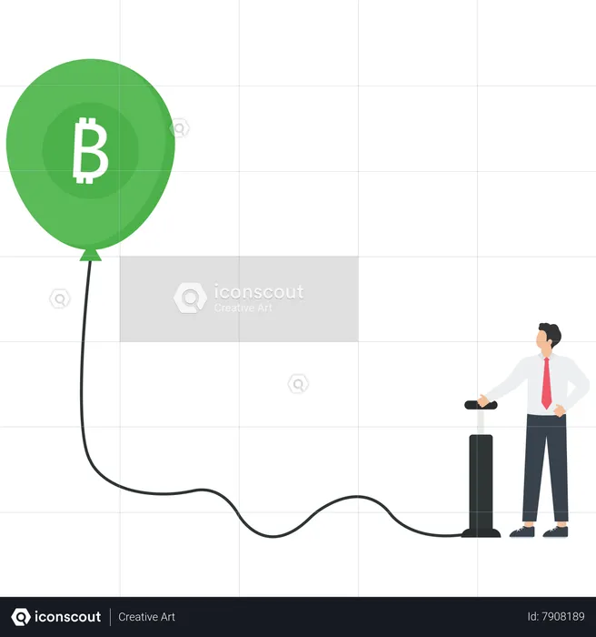 Businessman inflates a bitcoin symbol balloon with a bicycle pump  Illustration