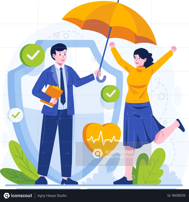 Businessman Insurance Agent Holding an Umbrella Protecting a Female Client  Illustration